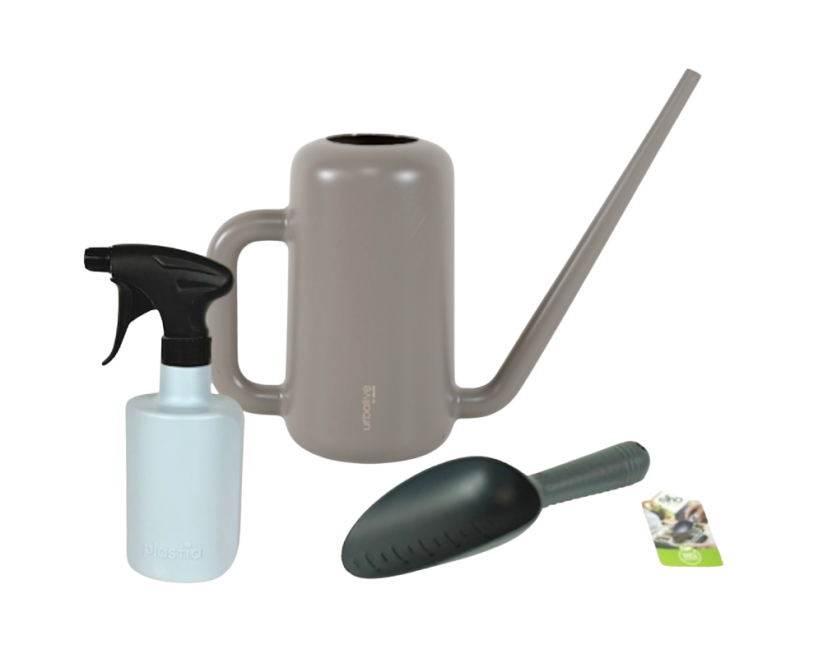 Set lopatka + konvička (taupe) + rozprašovač (šedomodrý)